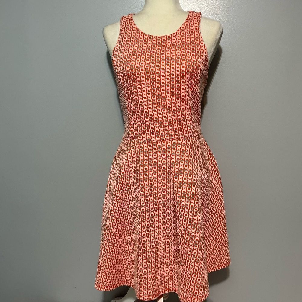Finn & Clover Womens Dress Orange White Geometric Sleeveless Knee Length size M